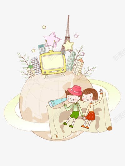 望远镜看世界png免抠素材_新图网 https://ixintu.com 卡通小孩 埃菲尔铁塔 房子 星星