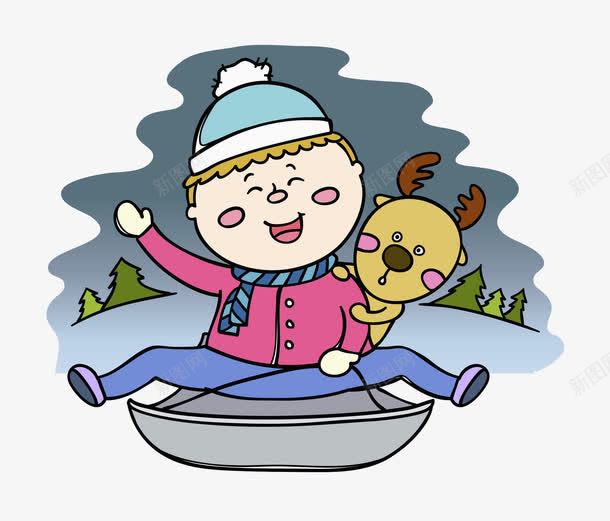 高兴的男孩png免抠素材_新图网 https://ixintu.com 卡通 微笑 手绘 挥手 水彩 男孩 雪橇 高兴