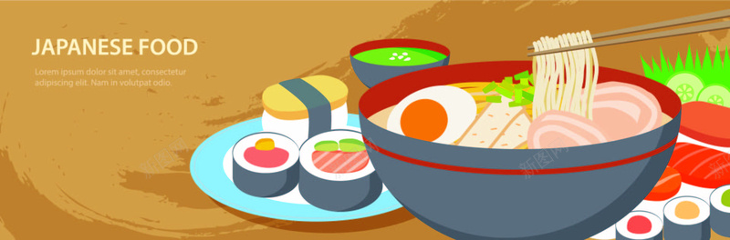 手绘食品背景图店招背景图矢量图ai设计背景_新图网 https://ixintu.com 寿司 海报banner 面 食品 鸡蛋 矢量图