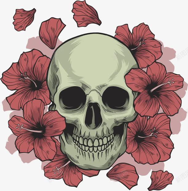红色芙蓉花装饰骷髅png免抠素材_新图网 https://ixintu.com 头骨 庞克风 朋克风 矢量素材 红色芙蓉花 骷髅头
