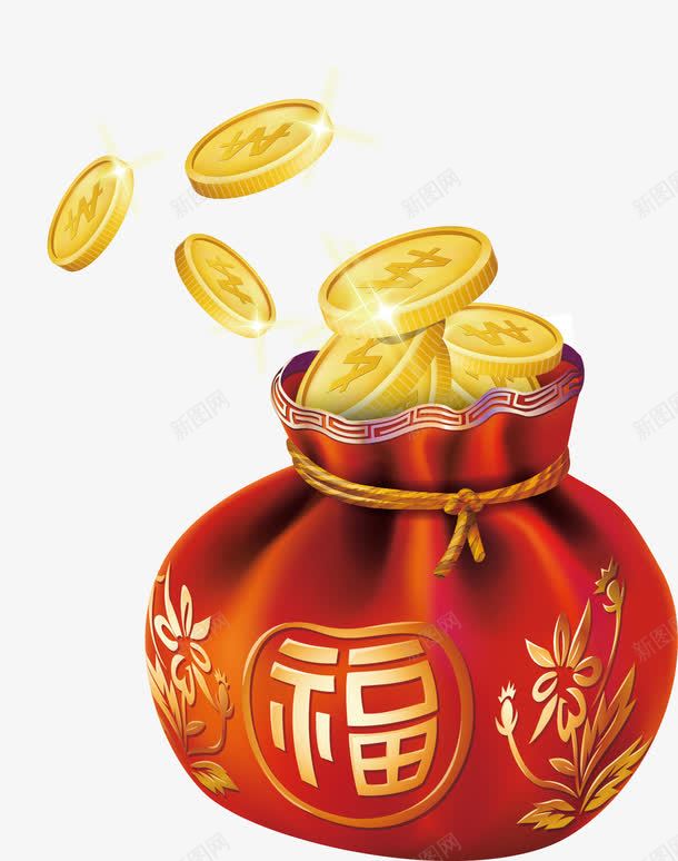 钱袋png免抠素材_新图网 https://ixintu.com 卡通 手绘 红色 金币 金袋子 钱袋