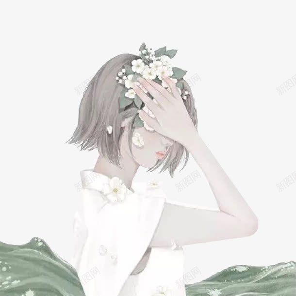 手绘摸头花的女孩png免抠素材_新图网 https://ixintu.com 元素 头花 女孩 手绘 扶头 摸头图片