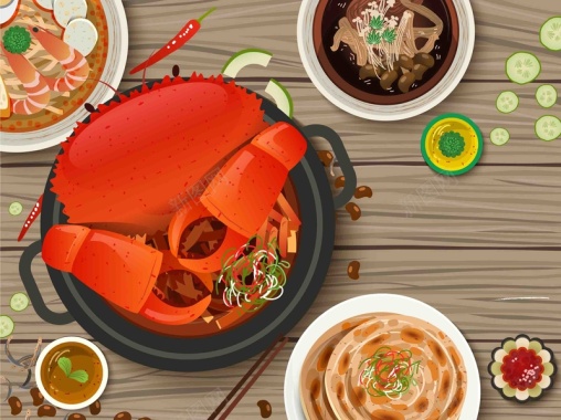手绘矢量旅游新加坡美食辣螃蟹海报背景背景
