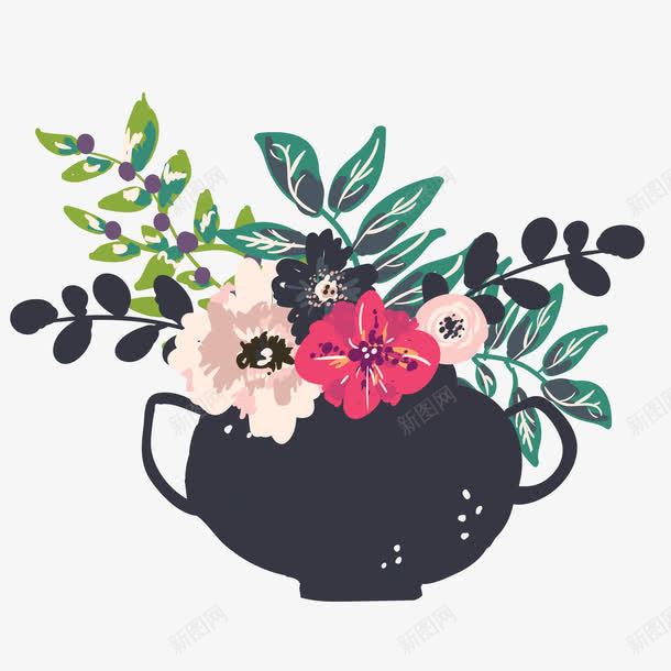 黑色罐子花瓶植物png免抠素材_新图网 https://ixintu.com 植物 水彩植物 绿叶 花卉 花朵