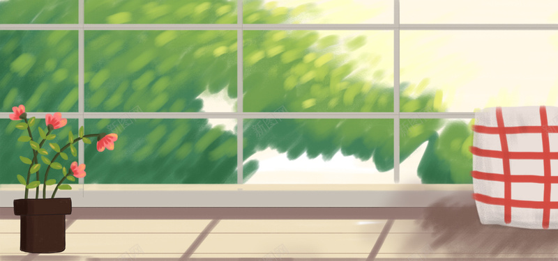 手绘清新室内窗边bannerpsd设计背景_新图网 https://ixintu.com 大树 手绘 抱枕 植物 清新 盆栽 窗户 简约