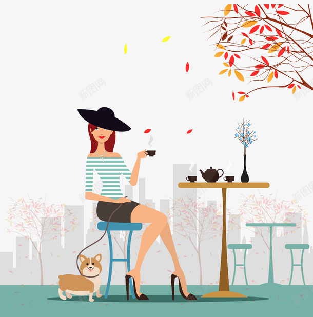 时尚美女矢量图ai免抠素材_新图网 https://ixintu.com 帽子 时尚 树叶 狗狗 美女 矢量图