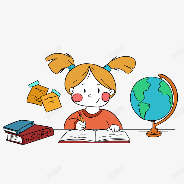 认真学习女子png免抠素材_新图网 https://ixintu.com 卡通书本 卡通人物 卡通女子 蓝色地球仪 认真学习