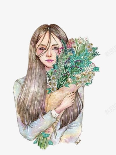 抱花女孩png免抠素材_新图网 https://ixintu.com 上半身 半身人 半身照 小清新 手绘 铅笔画