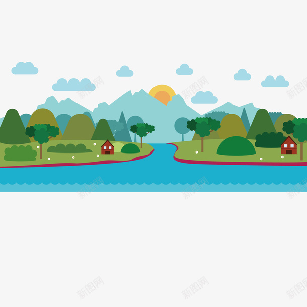 扁平化河流场景矢量图ai免抠素材_新图网 https://ixintu.com Q版场景 扁平化 植物 河流 矢量图