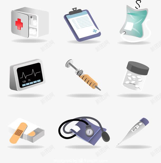 医疗器材png免抠素材_新图网 https://ixintu.com 体温计 创可贴 医药箱 听诊器 监视器 输液袋