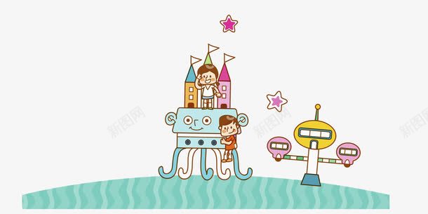 手绘孩子png免抠素材_新图网 https://ixintu.com 五角星 卡通 女孩 孩子 手绘 机器人 水彩 玩耍 男孩 绿色