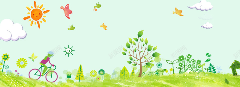 春天植树节绿色bannerpsd设计背景_新图网 https://ixintu.com 劳动 卡通 太阳 户外 春天 植树节 清新 绿色banner 自行车 节日