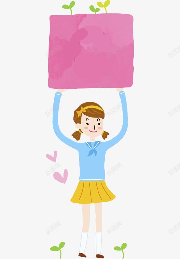 举牌子的女孩png免抠素材_新图网 https://ixintu.com 卡通 叶子 女孩 微笑 手绘 水彩 爱心 牌子 粉色 绿色 装饰
