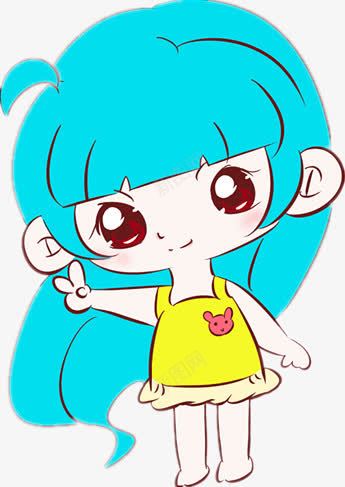 手绘卡通人物png免抠素材_新图网 https://ixintu.com 剪刀手 可爱 小女孩 蓝色头发