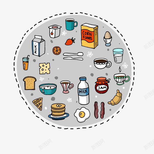 彩绘早餐食物矢量图ai免抠素材_新图网 https://ixintu.com 创意 卡通 天猫吃货节 彩绘 早餐 标签设计 食物 矢量图