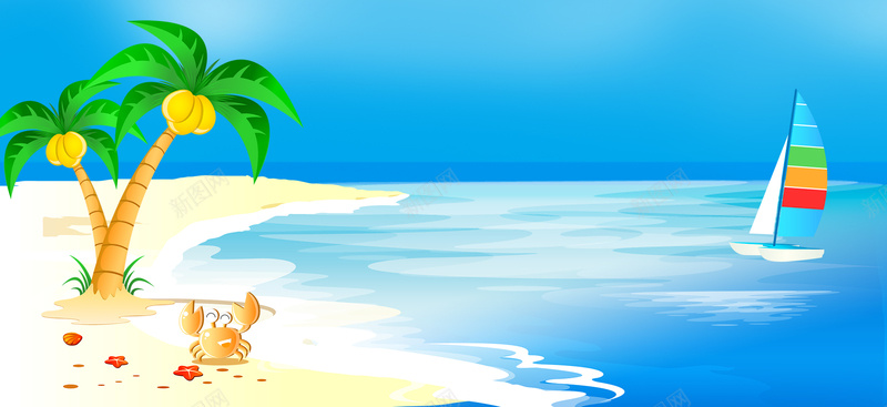 夏季卡通蓝色海报背景psd设计背景_新图网 https://ixintu.com 卡通 夏天 夏季 大海 帆船 椰子树 沙滩 海报banner 海水 海滩 蓝色 螃蟹
