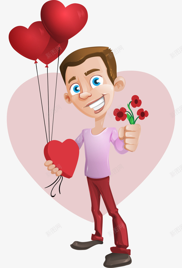 卡通手绘情人节男子拿花朵心形矢量图ai免抠素材_新图网 https://ixintu.com 卡通的人物 情人节的花朵 手绘的男子 拿花朵的男子 矢量图