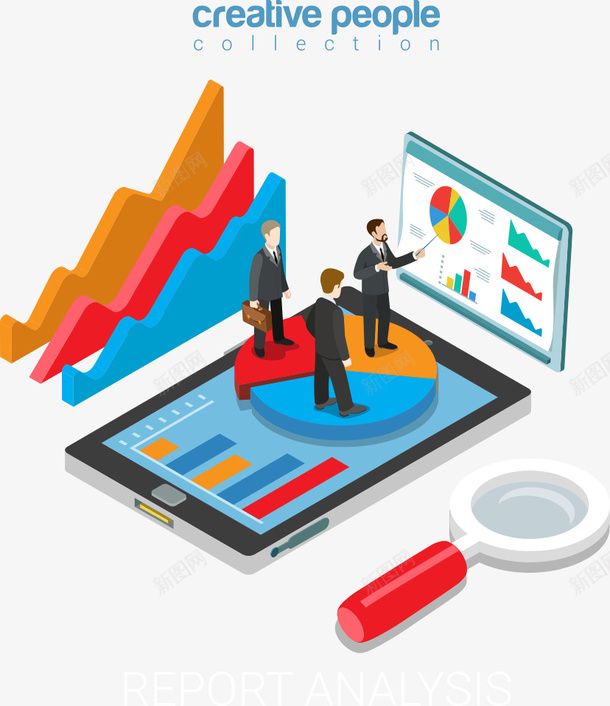 手机图表商务人物矢量图ai免抠素材_新图网 https://ixintu.com 人物 商务人物 图表 手机图表 放大镜 矢量图