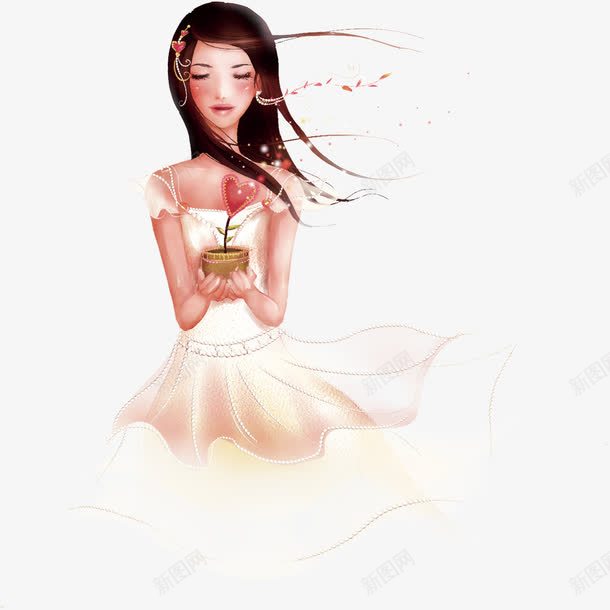 手捧小花的女孩png免抠素材_新图网 https://ixintu.com 卡通 唯美 女孩