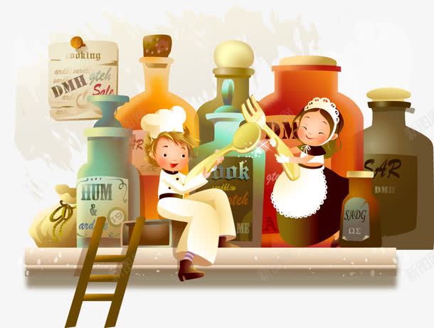 瓶装调味料png免抠素材_新图网 https://ixintu.com 卡通厨师 梯子 矢量素材