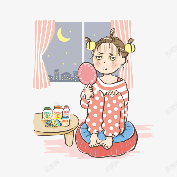 睡前照镜子女孩png免抠素材_新图网 https://ixintu.com 卡通人物 卡通女孩 照镜子女孩 睡前女孩 背景装饰