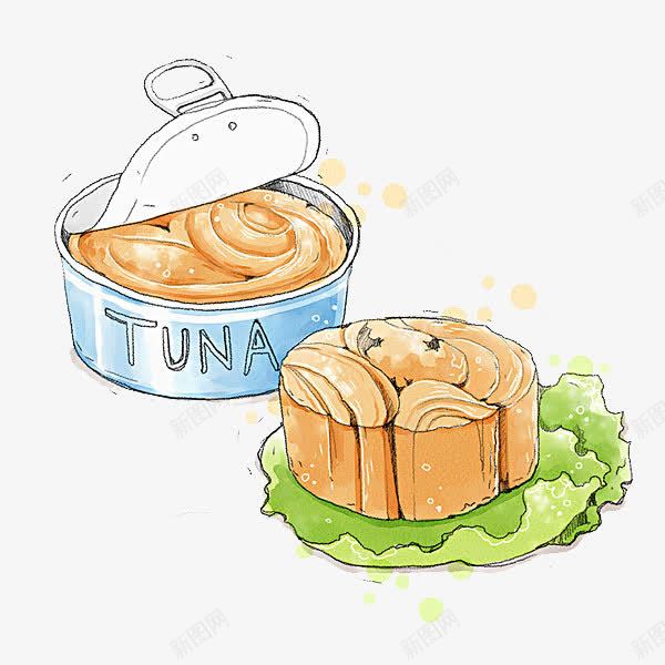 金枪鱼罐头png免抠素材_新图网 https://ixintu.com 卡通 固体 彩色 手绘 斑点 绿叶 罐头 金枪鱼
