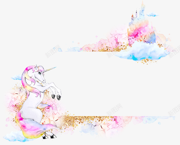 手绘创意小马驹图png免抠素材_新图网 https://ixintu.com 云朵 卡通手绘 奔跑的小马 小马驹 彩色 水彩 白色