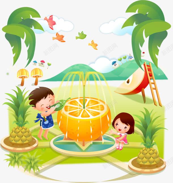 手绘卡通橙子喷泉png免抠素材_新图网 https://ixintu.com 卡通橙子喷泉 手绘 童话