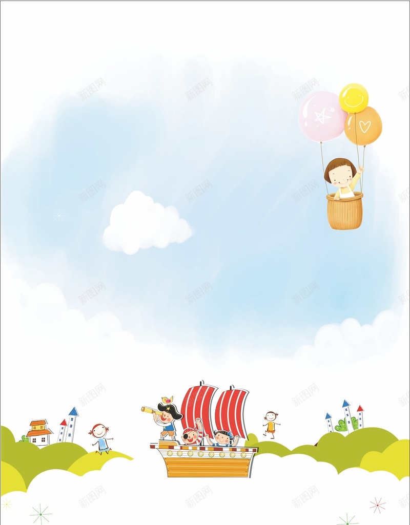 蓝色清新手绘单页背景cdr设计背景_新图网 https://ixintu.com 单页 卡通 手绘 清新 热气球 白色 童趣 草地 蓝色