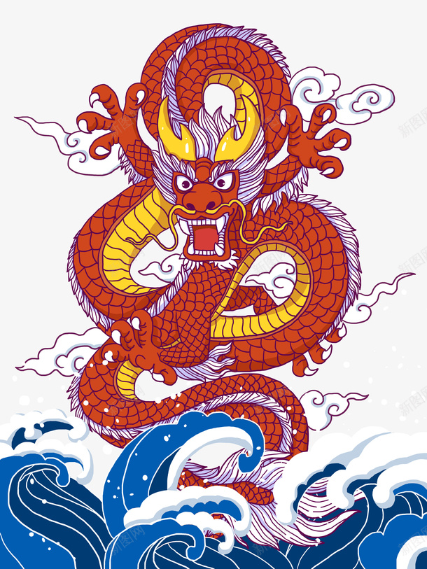 手绘龙王元素图psd免抠素材_新图网 https://ixintu.com 国潮元素 手绘元素 波浪 海龙王 祥云 龙
