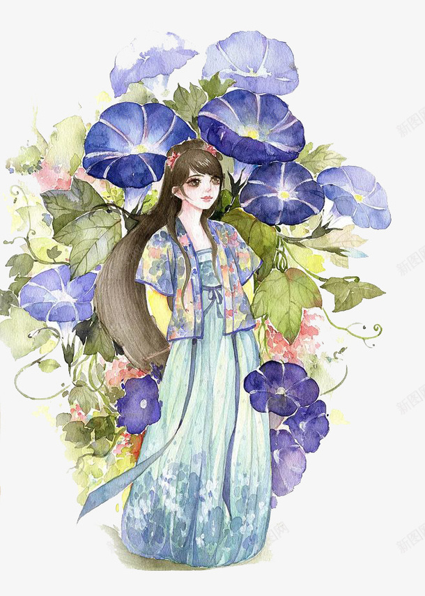 水彩紫色女孩牵牛花png免抠素材_新图网 https://ixintu.com 卡通 女孩 彩色 手绘 水彩 牵牛花 紫色 装饰
