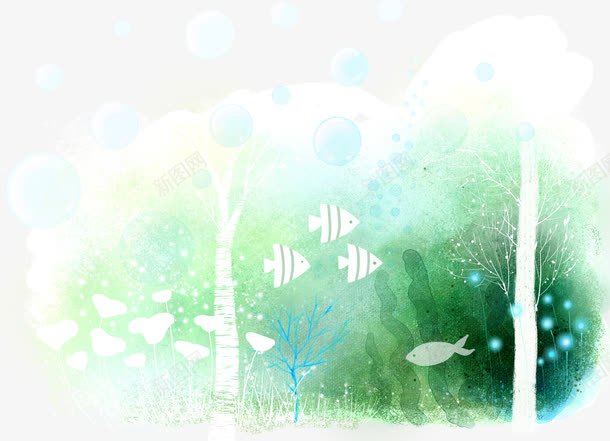 卡通手绘风景png免抠素材_新图网 https://ixintu.com 卡通 手绘 梦幻 绿树 绿色 风景 鱼儿