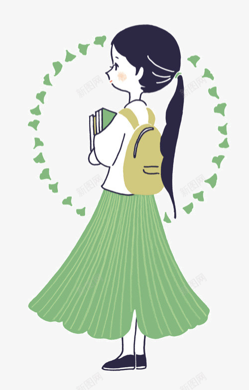 绿裙子姑娘png免抠素材_新图网 https://ixintu.com 女孩 学生 绿裙子 马尾