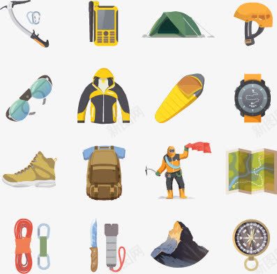 野外求生工具矢量图eps免抠素材_新图网 https://ixintu.com 刀 山峰 帐篷 指南针 登山服 睡袋 矢量图