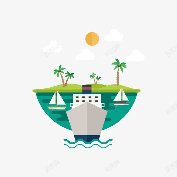 水中的船png免抠素材_新图网 https://ixintu.com 卡通椰子树 椰子树 水 船