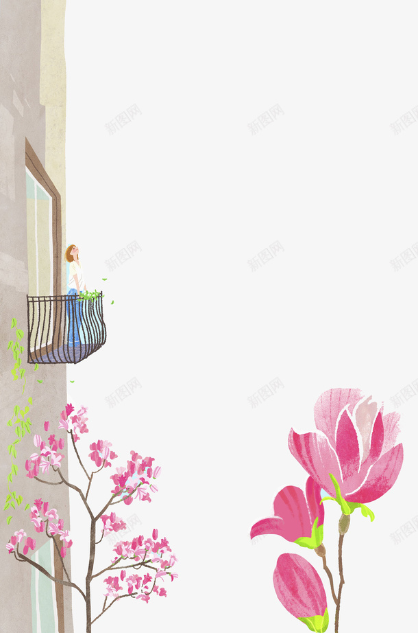 清新展望春天的女孩插画png免抠素材_新图网 https://ixintu.com 开花 插画 春天来了 春游 清新 窗户 花朵 阳台