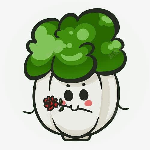 卡通大白菜嘴上衔着花朵png免抠素材_新图网 https://ixintu.com 卡通 卡通大白菜 大白菜 插画 求爱 蔬菜 表情 青菜 鲜花