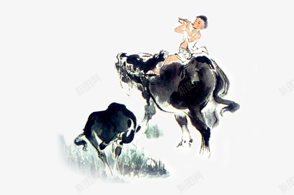 放牛的孩子png免抠素材_新图网 https://ixintu.com 中国风 孩子 放牛 水墨画