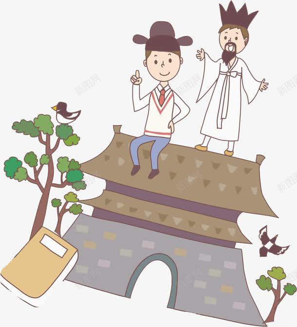 古代建筑png免抠素材_新图网 https://ixintu.com 古装 屋顶 建筑 手绘 树干 树木 校服男孩 燕子 老夫子