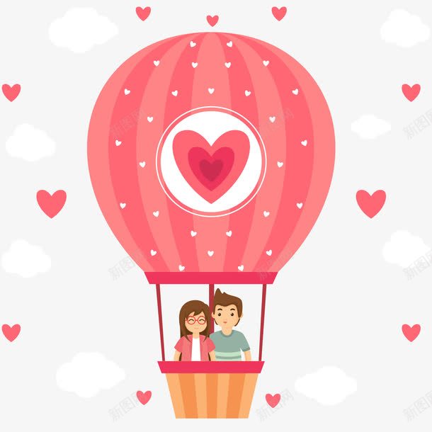 热气球上的夫妻插画png免抠素材_新图网 https://ixintu.com 云 卡通人物 夫妻 心 热气球