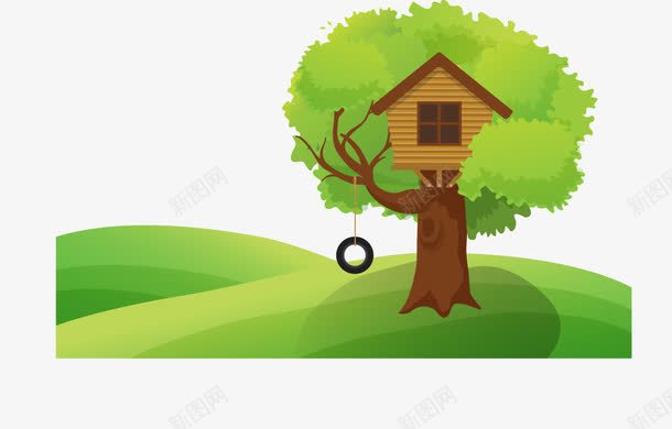 树屋png免抠素材_新图网 https://ixintu.com 卡通 卡通树屋 树屋 秋千 绿色 草地