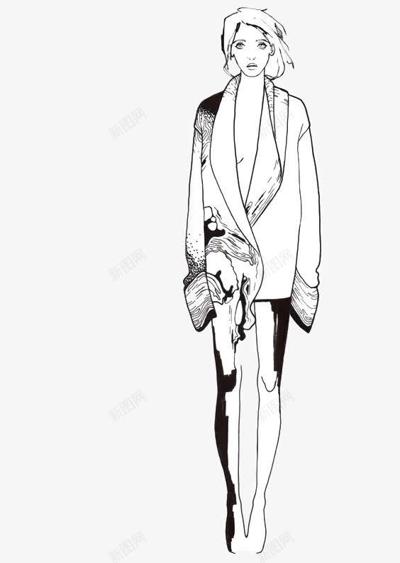 时尚线条女孩png免抠素材_新图网 https://ixintu.com 卡通 大衣 女孩 手绘 插画 模特 线条 走秀