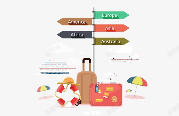 旅游矢量图ai免抠素材_新图网 https://ixintu.com 指示牌 旅行 海边 行礼 矢量图