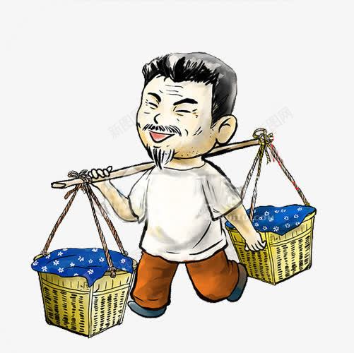 老爷爷挑担子png免抠素材_新图网 https://ixintu.com 卡通 手绘 担子 挑夫 挑担子图 篮子 绘画 老爷爷 蓝色布