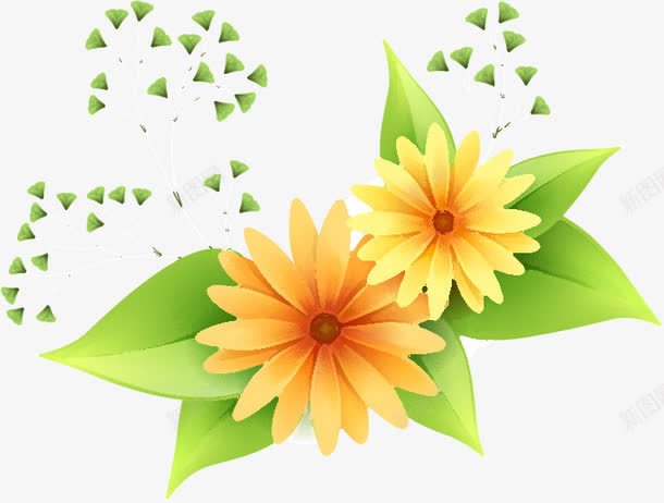 手绘靓丽黄色花朵树叶png免抠素材_新图网 https://ixintu.com 树叶 花朵 靓丽 黄色