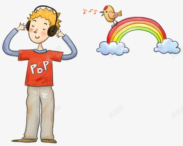 戴耳机听歌的男孩png免抠素材_新图网 https://ixintu.com 听歌 听歌的人 小鸟 手绘 男孩 耳机