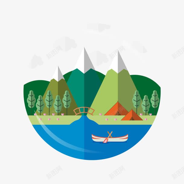 扁平绿色树林山丘河水风景png免抠素材_新图网 https://ixintu.com 山丘 扁平 扁平山 河水 绿色