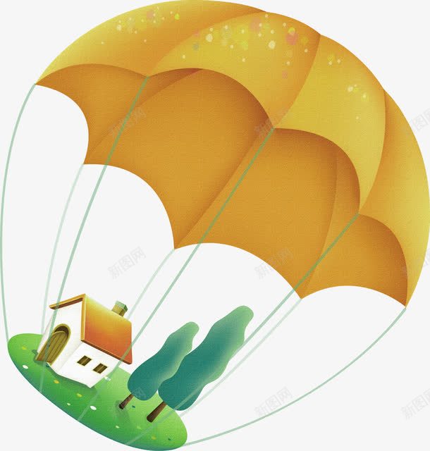 黄色卡通降落伞房子装饰图案png免抠素材_新图网 https://ixintu.com 免抠PNG 卡通 房子 装饰图案 降落伞 黄色