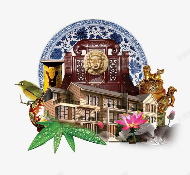 别墅古董png免抠素材_新图网 https://ixintu.com 中国风 别墅 古董 木椅 花瓶 青花瓷