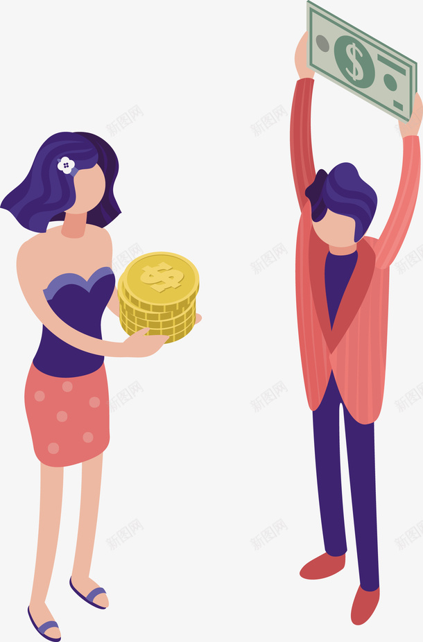 拿着金钱和钞票的男女矢量图eps免抠素材_新图网 https://ixintu.com 商务 商务男女 手绘金钱 金钱 金钱钞票 钞票PNG 矢量图